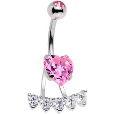 14 Gauge (1.6mm), 7/16" (11mm), 316L Surgical Grade Stainless Steel Curved Barbell, Cubic Zirconia Pink CZ Gem Sweet Heart Sweep Dangle Belly Ring This sparkling, glamorous belly ring will definitely bring out your loving side. A large pink cubic zirconia gem heart is the centerpiece of this 14 gauge dangle belly ring which also features a sweeping dangle string of clear gems. The pink heart cubic zirconia charm is mounted on a 7/16" curved barbell made with durable 316L surgical grade stainless Pink Crystal Heart Pendant Jewelry, Pink Heart-shaped Jewelry With Sparkling Stones, Glamorous Pink Jewelry For Anniversary, Pink Cubic Zirconia Jewelry For Valentine's Day, Pink Crystal Jewelry For Valentine's Day, Elegant Heart-shaped Wedding Belly Rings, Pink Heart Cut Sparkling Stones Jewelry, Glamorous Heart-shaped Cubic Zirconia Jewelry, Pink Heart-shaped Belly Rings For Gift