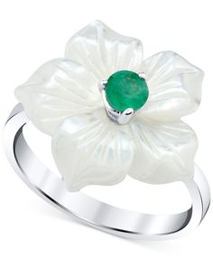 in stock Elegant White Rings From Macy's, White Sterling Silver Emerald Ring, White Emerald Ring In Sterling Silver, Elegant White Flower Ring With Gemstone, Elegant White Gemstone Flower Ring, Elegant White Flower-shaped Pearl Ring, White Flower Ring In Fine Jewelry Style, White Flower Ring Fine Jewelry, White Gemstone Flower Ring