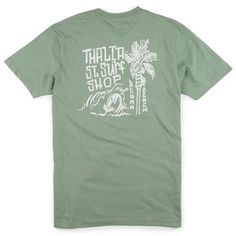 MENS TEES – Thalia Surf Shop Green Crew Neck T-shirt With Back Print, Green Relaxed Fit T-shirt With Back Print, Green T-shirt With Back Print In Relaxed Fit, Relaxed Fit Green T-shirt With Back Print, Green Graphic Tee With Back Print, Green Cotton T-shirt With Front Print, Relaxed Fit T-shirt With Back Print For Summer, Cotton Graphic Tee With Front Print, Summer Graphic Tee With Front And Back Print