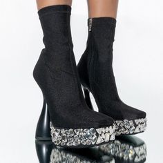 Refresh Your Shoe-Drobe With The Azalea Wang Diamonds Walk Runway Chunky Bootie In Black. This Square Toe Platform Bootie Features A Knit Upper, And A Rhinestone Embellished Platform Sole. Complete With A Sculptural Chunky Heel, An Ankle Height Shaft, And A Tonal Side Zipper Closure. -All Man-Made Materials -Square Toe - 6” Heel - 2” Sole - 6” Shaft Azalea Wang, Stage Outfits, Chunky Heel, Chunky Heels, Bootie, Side Zipper, Fashion Inspiration, Bootie Boots, Ankle Boots