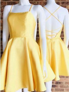 Simple Prom Dress Short, Yellow Homecoming Dresses, Short Graduation Dresses, Homecoming Dress Short, Robes Glamour, School Dance Dresses, Short Satin, Yellow Dresses, Satin Homecoming Dress