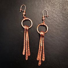 Hammered Copper Dangle Earrings Handmade Copper Dangle Boho Fringe Earrings Hammered Metal Jewelry Fringe Dangle Metal Earrings, Metal Fringe Dangle Earrings, Unique Fringe Dangle Earrings, Artsy Copper Dangle Earrings, Artisan Dangle Fringe Jewelry, Artisan Fringe Dangle Jewelry, Handmade Copper Beaded Dangle Earrings, Artisan Nickel-free Dangle Chandelier Earrings, Artisan Adjustable Dangle Chandelier Earrings