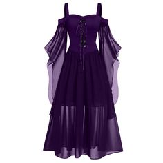 Retro Medieval Witch Long Dress Halloween Carnival Mesh Draw Strap Big Swing Dress Solid Color Long Kostum Peri, Up Halloween Costumes, Steampunk Dress, Butterfly Sleeve Dress, Witch Dress, Punk Dress, Cold Shoulder Lace, Peacoats, Medieval Costume