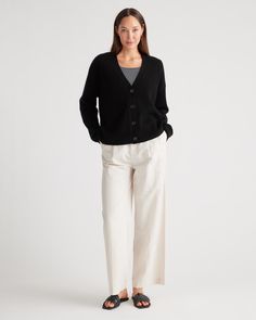 Take it up a notch with the Mongolian Cashmere Fisherman Cropped Cardigan Sweater, a fresh twist on our top-rated Mongolian Cashmere Oversized Boyfriend Cardigan Sweater. Crafted from Grade-A Mongolian cashmere, this ribbed sweater features the same luxurious softness and warmth as the original. Updated with a contemporary cropped fit, it's the ideal length to pair with high-waisted pants and skirts.  | Quince | Women's Mongolian Cashmere Fisherman Cropped Cardigan Sweater in Black, Size Small Casual V-neck Sweater Coat For Daywear, Relaxed Fit Cardigan For Workwear In Fall, Relaxed Fit V-neck Cardigan For Daywear, Casual Sweater Coat, Relaxed Fit For Daywear, Boyfriend Cardigan, Cropped Cardigan Sweater, Linen Blazer, Cropped Cardigan, Ribbed Sweater