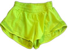 Yellow Athletic Shorts With Built-in Shorts For Workout, Yellow Athletic Shorts With Built-in Shorts For Sports, Sporty Yellow Beach Athletic Shorts, Sporty Yellow Athletic Shorts For Beach, Yellow Short Gym Bottoms, Yellow Short Bottoms For Gym, Yellow Athletic Shorts For Gym And Summer, Neon Yellow Stretch Workout Bottoms, Yellow Athletic Shorts For Gym In Summer