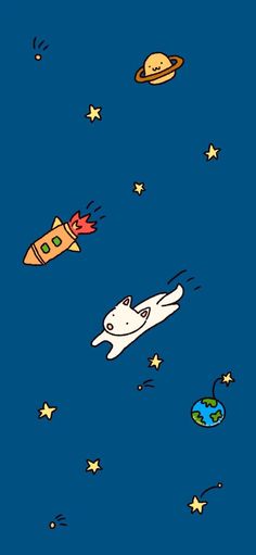 an image of cats flying in the sky with stars and planets around them on a blue background