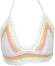 A crochet bohemian sleeveless bralette top in white base and yellow and pink pixie shades A great one to pair with bohemian style bottoms that reflect free and happy vibes. This sleeveless top has a scooped v neckline, a tie on the top for the neck and another tie for the back. #tlb #Sleeveless #CrochetClothing #beachwrap #WhiteBraTop Fitted Triangle Crochet Top For Spring, Trendy Crochet Lace Top For Summer, Crochet Lace Crop Top For Beach And Spring, White Crochet Lace Beachy Top, Beachy Crochet Top With Crochet Trim For Spring, Spring Beachy Crochet Top With Crochet Trim, Spring Crochet Lace Crop Top For Beach, Trendy Summer Crochet Top With Crochet Trim, Trendy Crochet Top With Crochet Trim For Summer