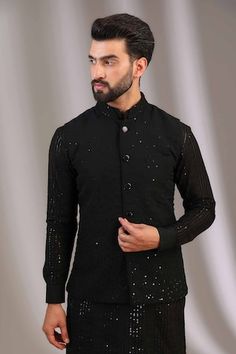 Black bundi with thread embroidered buttis, embellished by sequins. - Aza Fashions Fitted Party Wear Kurta With Mirror Work, Festive Embellished Nehru Jacket For Eid, Eid Party Bandhgala With Mirror Work, Nehru Jacket With Mirror Work For Parties And Festivals, Festival Nehru Jacket With Mirror Work For Party, Eid Party Bandhgala With Chikankari Embroidery, Transitional Bandhgala With Mirror Work For Party, Diwali Party Bandhgala With Chikankari Embroidery, Embroidered Fitted Nehru Jacket For Party