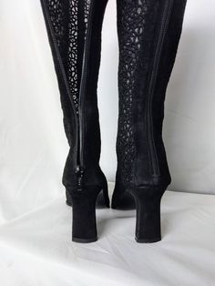 "Exceptional elegant black guipure lace boots. *Rare to find. *Brand: STUART WEITZMAN *MADE in SPAIN *Mesh lining and black guipure lace outside. *Front and back finished with black suede stripe. *Zipper all the way in the back. *Leather sole. *Excellent condition. Measurement:( please compare the numbers with your own shoes) *Size 7.5 EU-38 *Total Height: 14\" *Heel Height: 3\" *Zipper: 10\" *Around the ankle 10.5\" *Around the calf: 14.5\" *Sole Wide: 3\" *From Toe to Heel: 9\" Thank you for v Evening Boots With Zipper For Spring, Evening Spring Boots With Zipper Closure, Fitted Winter Boots With Zipper Closure, Spring Evening Boots With Zipper Closure, Evening Knee-length Fitted Boots, Fitted Black Boots With Side Zipper, Fitted Party Boots With Side Zipper, Heel Black Boots, Black Lace Boots