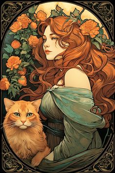 a woman with long red hair holding a cat in front of flowers and orange roses