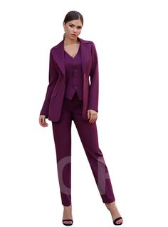 Suits are available in 6 major sizes according to our size chart. Models are wearing a size S SIZES The models in photos are wearing a size  Available in 4 sizes: XS= 2 US numeric  BUST 32-34 inches or 82-86 cm WAIST 23-24.8 inches or 59-63 cm HIPS 33-35 inches or 86-90 cm S= 4 US numeric  BUST 34-35 inches or 86-90 cm WAIST 25-26 inches or 63-67 cm HIPS 35-37 inches or 90-94 cm M = 6 US numeric  BUST 35-37 inches or 90-94 cm WAIST 26-28 inches or 68-71 cm HIPS 37-38.5 inches or 94-98 cm L = 8 U Fitted Sets With Suit Collar And Pockets, Semi-formal Fitted Sets With Pockets, Fitted Two-piece Workwear Sets, Tailored Purple Long Sleeve Sets, Fitted Two-piece Purple Set, Fitted Full-length Sets With Pockets, Elegant Fitted Two-piece Pants, Fitted Purple Sets With Suit Collar, Purple Suits For Office