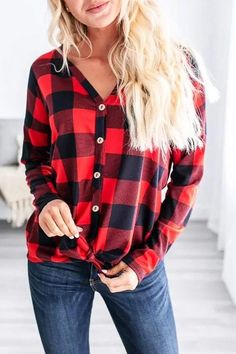 Size(in) Bust Length S 37.0 25.2 M 38.6 25.6 L 40.2 26.0 XL 41.7 26.4 Plaid V-neck Tops For Fall, Red V-neck Shirt For Fall, Casual Red Button-up Top, Red Button-up Shirt For Fall, Casual Red Button-up Blouse, Red Long Sleeve Shirt For Fall, Casual Red Tops For Fall, Casual Red Shirt, Red Casual Long Sleeve Shirt