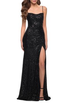 La Femme Strappy Back Sequin Gown | Nordstrom Black Sparkly Dress, Prom Dress Inspo, Shimmery Dress, Satin Dress Long, Sequin Prom Dresses, Black Prom Dress, Prom Dress Inspiration, Pretty Prom Dresses, Sequin Gown