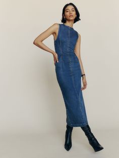 In case of getting dressed. Shop the Kendi Denim Midi Dress from Reformation, a sleeveless midi dress with a high neckline. Denim Dress Outfit, Long Denim Dress, Denim Midi Dress, Stretch Denim Fabric, Midi Dress Sleeveless, Jeans Dress, Get Dressed, Denim Dress, Fashion Inspo Outfits