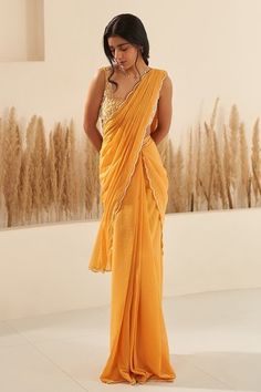 Shop for Zoon Yellow Soft Georgette Pre-draped Saree With Hand Embroidered Blouse for Women Online at Aza Fashions Yellow Saree Look Traditional, Plain Yellow Saree For Haldi, Freshers Dress, Plain Yellow Saree, Yellow Saree Look, Yellow Saree For Haldi, Yellow Chiffon Saree, Mustard Yellow Saree, Yellow Georgette Saree