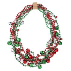 a multi stranded necklace with red and green beads