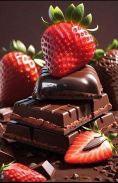 chocolate and strawberries are stacked on top of each other