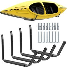 a yellow kayak and some screws on a white background