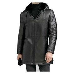 Hooded Leather Winter Outerwear, Hooded Leather Outerwear For Winter, Hooded Leather Outerwear For Cold Weather, Winter Hooded Leather Jacket, Hooded Leather Outerwear With Faux Fur Lining, Leather Outerwear With Double-lined Hood For Cold Weather, Hooded Leather Jacket For Cold Weather, Cold Weather Leather Jacket With Detachable Hood, Leather Jacket With Detachable Hood For Cold Weather