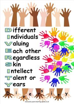 several hands are shown with different colors on them and the words, different individuals aligning each other's handprints