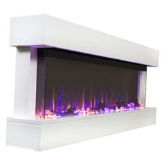 an electric fireplace with blue and purple flames on the side, against a white background