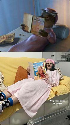 there are two pictures one shows a woman reading and the other shows a cat sitting on a couch