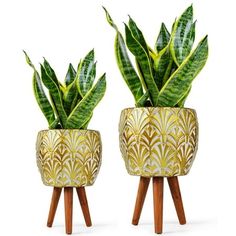 two golden planters with green plants in them on wooden legs, one is shaped like a flower pot