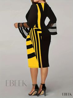 Ebeek - Exquisite Plus Size Casual Party Dress for Women: Colorblock Stripe Print with Contrast Mesh Bell Sleeves, V-Neck, and Medium Stretch for a Flawless Slim Fit in a Midi Length V-neck Dresses With Contrast Color, Yellow Patchwork V-neck Dress, Yellow V-neck Patchwork Dress, Casual Party Dress, Party Dress For Women, Casual Party Dresses, Party Dresses For Women, Casual Party, Plus Size Casual