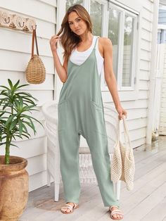 V-Neck Spaghetti Strap Jumpsuit - Sydney So Sweet Solid Color Jumpsuits With Pockets For Loungewear, Solid Color Jumpsuits And Rompers With Pockets For Loungewear, Comfortable Solid Jumpsuits And Rompers With Pockets, Comfortable Leisure Overalls And Rompers, Comfortable Jumpsuits And Rompers With Pockets, Cotton Loungewear Jumpsuits And Rompers In Solid Color, Cotton Solid Color Jumpsuits And Rompers For Loungewear, Cotton Jumpsuits And Rompers With Spaghetti Straps And Pockets, Comfortable Cotton Jumpsuits And Rompers With Pockets