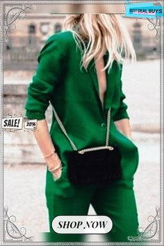 Vintage Plain Statement 3/4 Sleeve Pockets Casual Jumpsuits Chic Long Sleeve Pantsuit In A Solid Color, Chic Solid Color Long Sleeve Pantsuit, Spring Solid Color Long Sleeve Pantsuit, Chic Long Sleeve Pantsuit For Fall, Chic Long Sleeve Jumpsuits And Rompers For Office, Long Sleeve Jumpsuits And Rompers For Office, Casual Green Long Sleeve Pantsuit, Casual Long Sleeve Pantsuit For Party, Casual Long Sleeve Solid Pantsuit