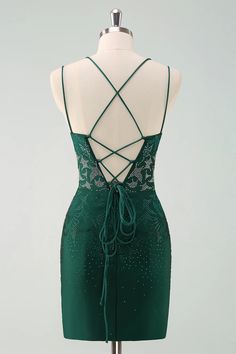 Amzcw Glitter Dark Green Tight Homecoming Dresses with Lace Up Back Dark Green Prom Dress, Bodycon Dress Homecoming, Tight Homecoming Dresses, Dresses With Lace, School Dance Dresses, Green Prom, Spaghetti Strap Prom Dress, Homecoming Dresses Tight, Dress Homecoming