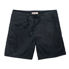 Our Eagle Harbor Trunks are made from sturdy and washable dry-waxed cotton. These shorts are built to withstand hard use and resist water absorption. The waist secures with a dual-grommet drawstring closure for a reliable, wide, and supportive closure. The fly is gusseted like vintage boxing shorts. The rear flapped pocket and front accessory pocket feature mesh bags for instant drainage. For boulder hopping, wade-fishing, or flying down a muddy two-track, these are dependable, rugged shorts built to take abuse. | Filson Eagle Harbor Trunks Dark Navy Size 36 Cotton Surfing Shorts, Black Cotton Swim Trunks With Pockets, Casual Black Cotton Swim Trunks, Casual Black Swim Trunks, Outdoor Cotton Swim Trunks With Built-in Shorts, Cotton Swim Trunks For Outdoor, Vintage Boxing, Mesh Bags, Boxing Shorts