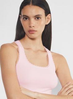 BABY RIB SEAMLESS AVETA TANK | Aritzia Spring Scoop Neck Seamless Tank Top, Spring Seamless Scoop Neck Tank Top, Feminine Seamless Tank Top, Feminine Seamless Sleeveless Tank Top, Feminine Seamless Tops With Scoop Neck, Seamless Scoop Neck Tank Top For Loungewear, Scoop Neck Seamless Tank Top For Loungewear, Stretch Lace Trim Camisole With Scoop Neck, Stretch Scoop Neck Camisole With Lace Trim