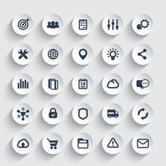 a set of white circles with different types of icons on them, all in one place