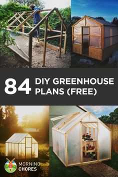 four different greenhouses are shown with the words, 24 diy greenhouse plans free