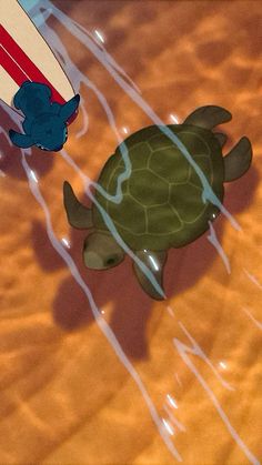 an animated turtle and surfboard in the water