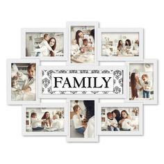 a family photo collage with the word family in black and white letters on it