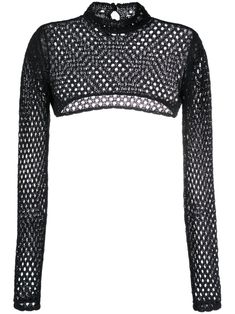 black cotton blend fully perforated high neck long sleeves keyhole detail to the rear ribbed trim high-low hem cropped Farfetch Black Crop Top, Collage Cutouts, Goth Clothes, Moschino Jeans, Motorcycle Gloves, Airport Fashion, High Neck Long Sleeve, Goth Outfits, High Low Hem