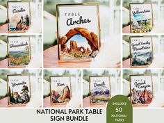 the national park table sign bundle includes 50 cards, including one with an image of arches and mountains