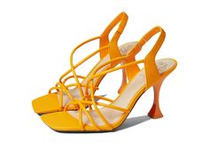 Vince Camuto Sanda - Women's Shoes : Mango Sorbet : The Vince Camuto Sanda sandal offers endless styling options with crisscross tubular straps and an eye-catching flared heel. Slip-on with slingback strap. Square open toe. Leather upper. Synthetic lining, insole and outsole. Imported. Measurements: Heel Height: 3 1 2 in Weight: 0.4 oz Product measurements were taken using size 7, width M. Please note that measurements may vary by size. Weight of footwear is based on a single item, not a pair. Spring Cross Strap Heels, Trendy Synthetic Sandals With Straps, Trendy Synthetic Strap Sandals, Evening Sandals With Cross Strap And Heel Loop, Evening Sandals With Heel Loop And Cross Strap, Evening Cross Strap Synthetic Sandals, Formal Sandals With Crisscross Ankle Straps, Summer Evening Heels With Crisscross Straps, Fitted Strappy Sandals With Wrapped Heel