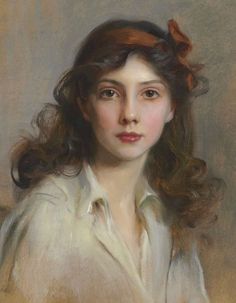 a painting of a woman with long brown hair wearing a white shirt and a bow in her hair