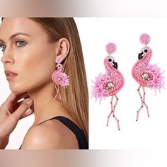 New Beaded Pink Flamingo Dangle Earrings Summer Party Beaded Earrings With Dangling Beads, Summer Party Beaded Drop Earrings, Summer Party Jewelry With Dangling Beads, Dangle Beaded Earrings For Summer Parties, Summer Party Beaded Dangle Earrings, Pink Elegant Beaded Earrings For Beach, Elegant Pink Beaded Earrings For Beach, Pink Flamingo, Earrings Color