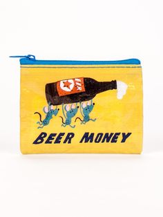 a yellow zippered pouch with a beer bottle and mice on it