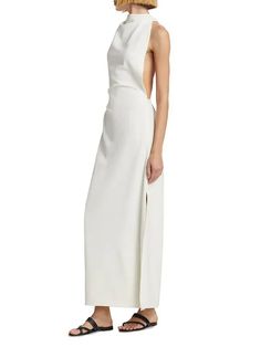 Proenza Schouler Selena Twist Back Crepe Dress - White | Editorialist Spring Pre-draped Fitted Maxi Dress, Spring Gala Pre-draped Maxi Dress, Pre-draped Maxi Dress With Side Slits, Pre-draped Maxi Cocktail Dress, Spring Formal Backless Maxi Dress, Pre-draped Gala Dress With Side Slits, Pre-draped Dresses With Side Slits For Gala, Fitted Maxi Dress With Side Slits And Pre-draped Style, Chic Floor-length Bias Cut Maxi Dress