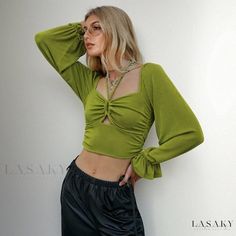 Lasaky - Seductive Cut-Out Bubble Sleeve Long-sleeve Crop Top with Exposed Waist Green Long Sleeve Crop Top For Night Out, Casual Long Sleeve Top For Spring Party, Fitted Long Sleeve Casual Top For Party, Fitted Casual Long Sleeve Top For Party, Green Long Sleeve Crop Top For Fall, Casual Long Sleeve Crop Top For Party, Trendy Long Sleeve Top For Fall Party, Casual Stretch Long Sleeve Top For Party, Sleeve Stencil