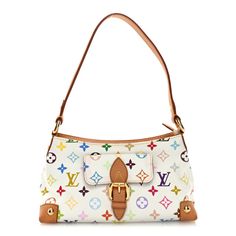 This is an authentic LOUIS VUITTON Monogram Multicolor Eliza in White. This chic shoulder bag is crafted of Takashi Murakami's signature multicolor monogram on white coated canvas. The bag features a looping vachetta shoulder strap, an exterior flap pocket with a vachetta leather buckle closure, and brass hardware. The top zipper opens to a red microfiber interior with a patch pocket. 2000s Louis Vuitton, Multicolor Monogram Canvas Shoulder Bag, Luxury Multicolor Monogram Canvas Shoulder Bag, White Monogram Canvas Shoulder Bag, White Monogram Canvas Shoulder Bag For Everyday Use, Luxury White Bag With Monogram Print, Designer White Monogram Canvas Shoulder Bag, Multicolor Coated Canvas Rectangular Shoulder Bag, Designer White Coated Canvas Shoulder Bag