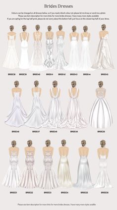 the different types of wedding gowns for each bride in their dress form, from front to back