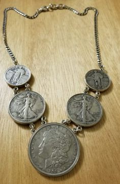 Old vintage American coins create an unusual statement necklace! #coins #vintage #reuse #repurpose #fashion Handmade Silver Vintage Medallion Necklace, Vintage Necklace With Coin Pendant, Victorian Silver Coin Pendant Jewelry, Antique Round Coin Necklace, Vintage Medallion Coin Necklace, Vintage Silver Coin Necklace, Silver Necklaces With Coin Pendant For Vintage Collection, Antique Round Coin Necklace Nickel Free, Vintage Coin Pendant Jewelry