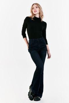 image of a female model wearing a LANEY HIGH RISE FLARE JEANS HUMBOLDT DEAR JOHN DENIM Black Matte Hardware, High Rise Flare Jeans, Denim Essentials, Dress Guide, Dear John, Flare Leg Jeans, Medium Wash Jeans, Tall Women, Sweater Sale