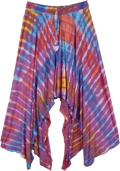 Trendy Uneven Hemline Jersey Skirt - Tie dye boho skirt that symbolizes your hip summertime spirit.  Vivid, vibrant, and vivacious, this retro style skirt will make you feel hot and hip all summer long. #tlb #chicfashion #TieDye #Yoga #Hippie Hippie Multicolor Bottoms For Beach Season, Flowy Pink Bottoms For Summer, Multicolor Flowy Maxi Skirt For Beach Season, Multicolor Flowy Skirt For Summer, Bohemian Summer Festival Bottoms, Multicolor Hippie Bottoms For Summer, Hippie Style Bottoms For Beach Festival, Beach Festival Skirt Bottoms, Multicolor Harem Skirt